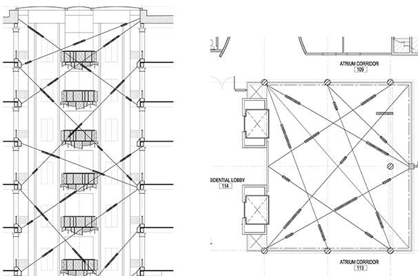 Floor plans for lighting design of a commercial building's atrium and lobby